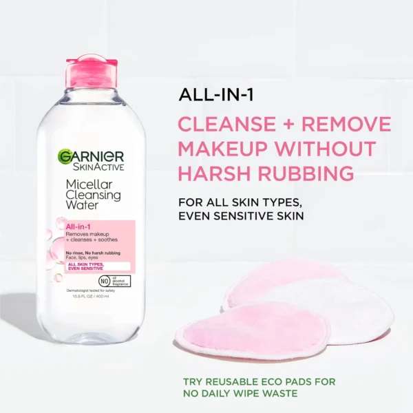 Garnier Micellar Cleansing Water, All-in-1 Makeup Remover and Facial Cleanser, For All Skin Types, 3.4 Fl Oz (100mL), 1 Count (Packaging May Vary)