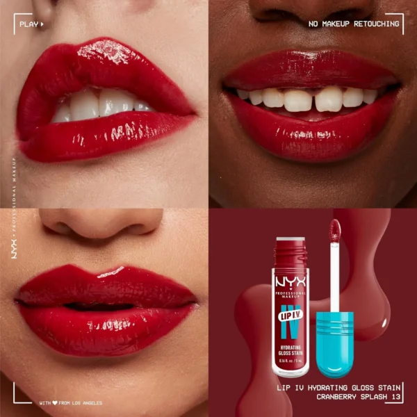 NYX PROFESSIONAL MAKEUP Lip IV Hydrating Glossy Lip Stain with 12HR Hydration - Cranberry Splash (Red)