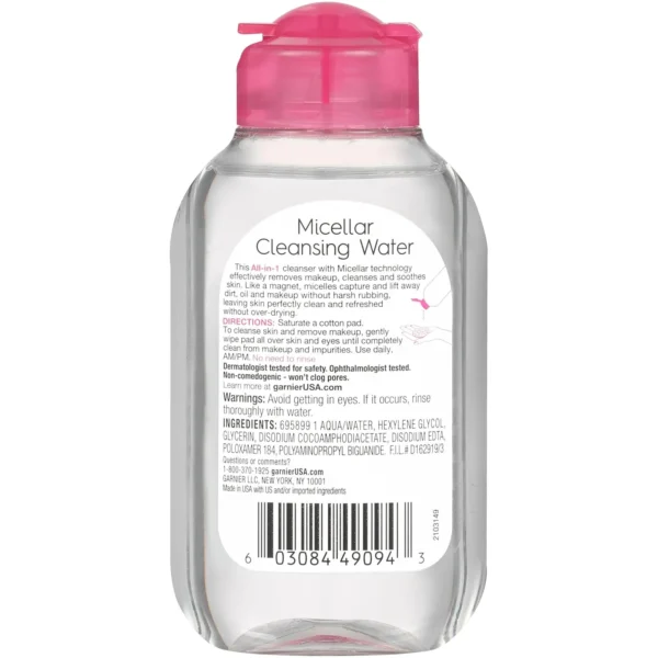 Garnier Micellar Cleansing Water, All-in-1 Makeup Remover and Facial Cleanser, For All Skin Types, 3.4 Fl Oz (100mL), 1 Count (Packaging May Vary)