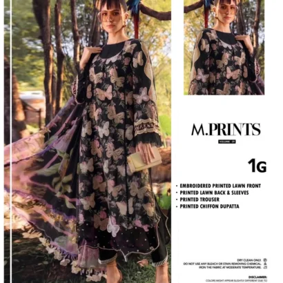 Maria B M Print MBT-1-G Butterfly Black Premium Pure Lawn With Chiffon Embroidered Border Dupatta 2026