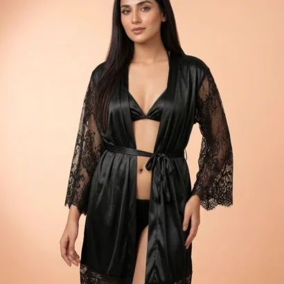 3-Piece Silk & Lace Nightwear Set