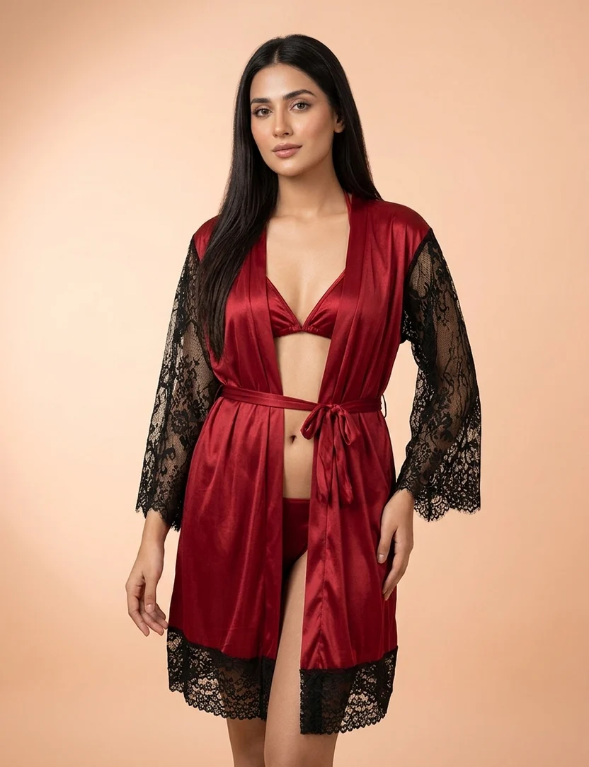 3-Piece Silk & Lace Nightwear Set