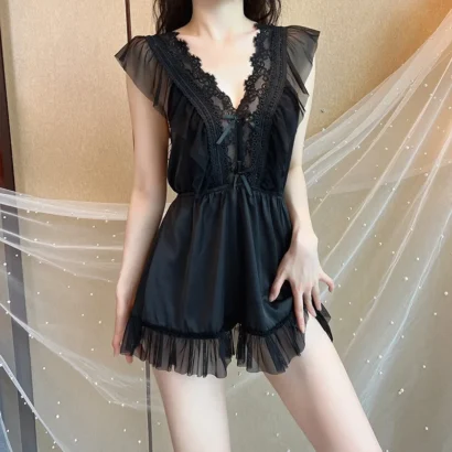 Midnight Lace & Ruffle Satin Romper Sleepwear Black