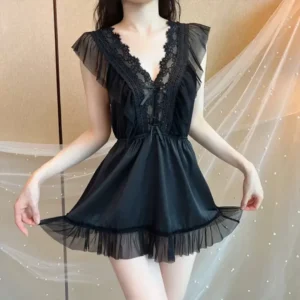 Midnight Lace & Ruffle Satin Romper Sleepwear Black