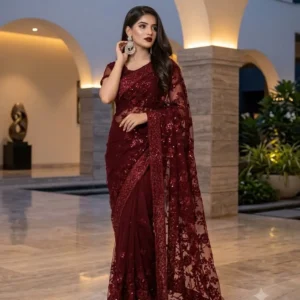 Premium Jamawar Saree with Heavy Net Embroidered Pallu
